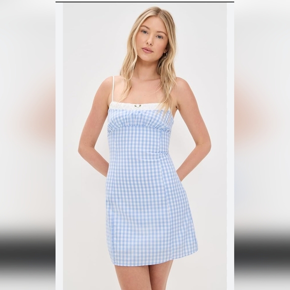 Nia Dresses & Skirts - Nia Blue Gingham Serrano Mini Dress Lace Trim Cottagecore Size M